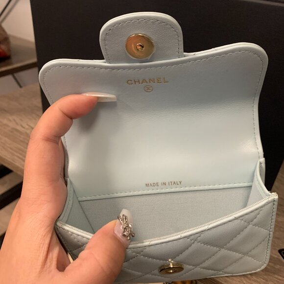 81957 Chanel Light Blue Leather Top Handle Flap Coin Purse with Chain - Picture 7 of 8